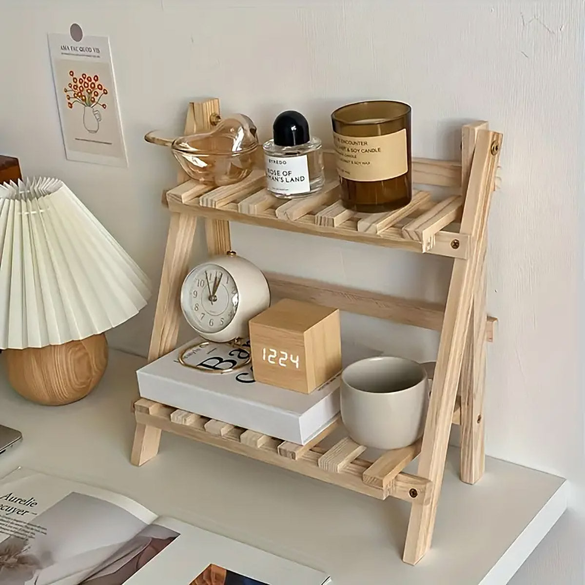 Double-Layer Wood Desktop Storage Rack Trapezoidal