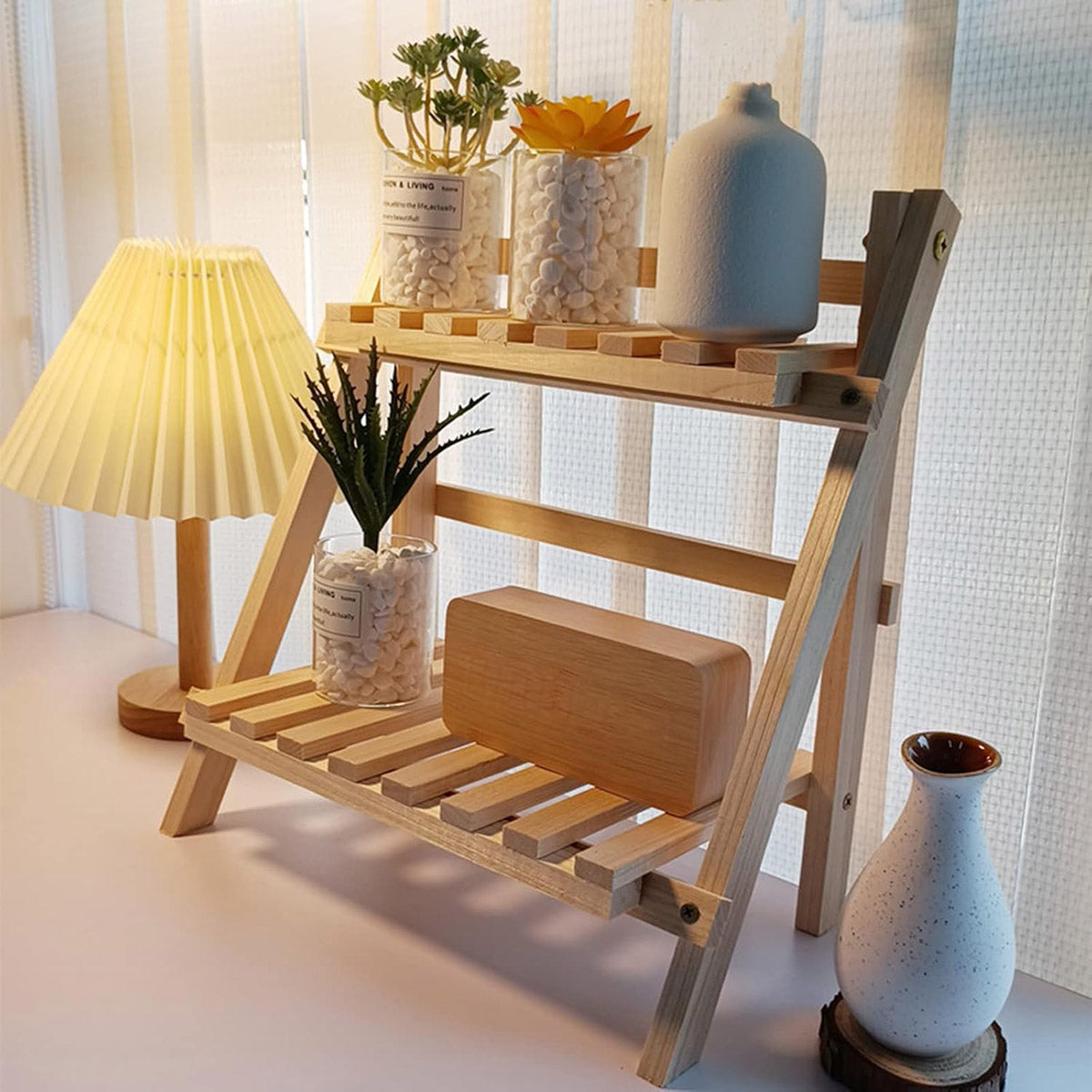 Double-Layer Wood Desktop Storage Rack Trapezoidal