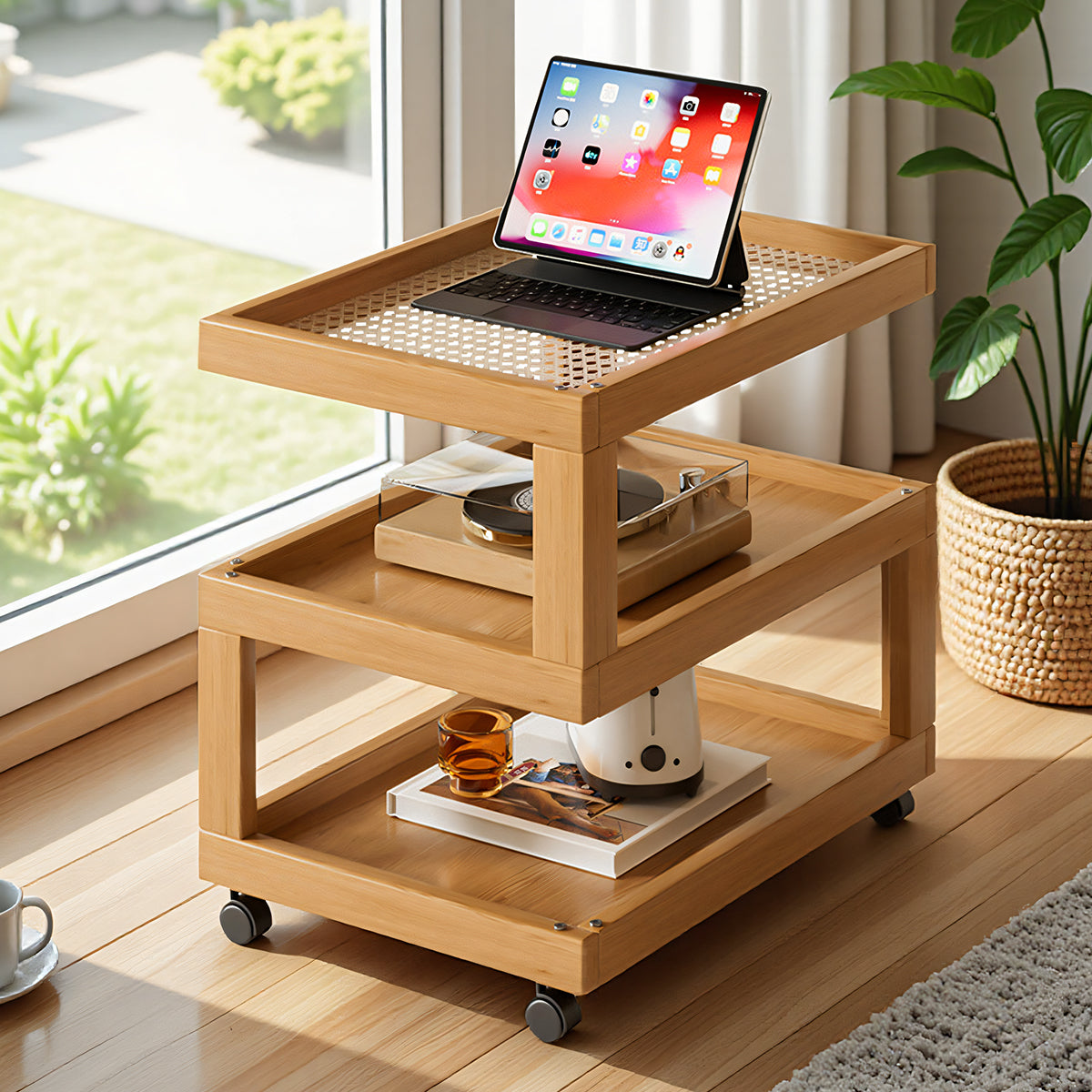 Movable Coffee Table with Universal Wheels Rattan Laminate Top