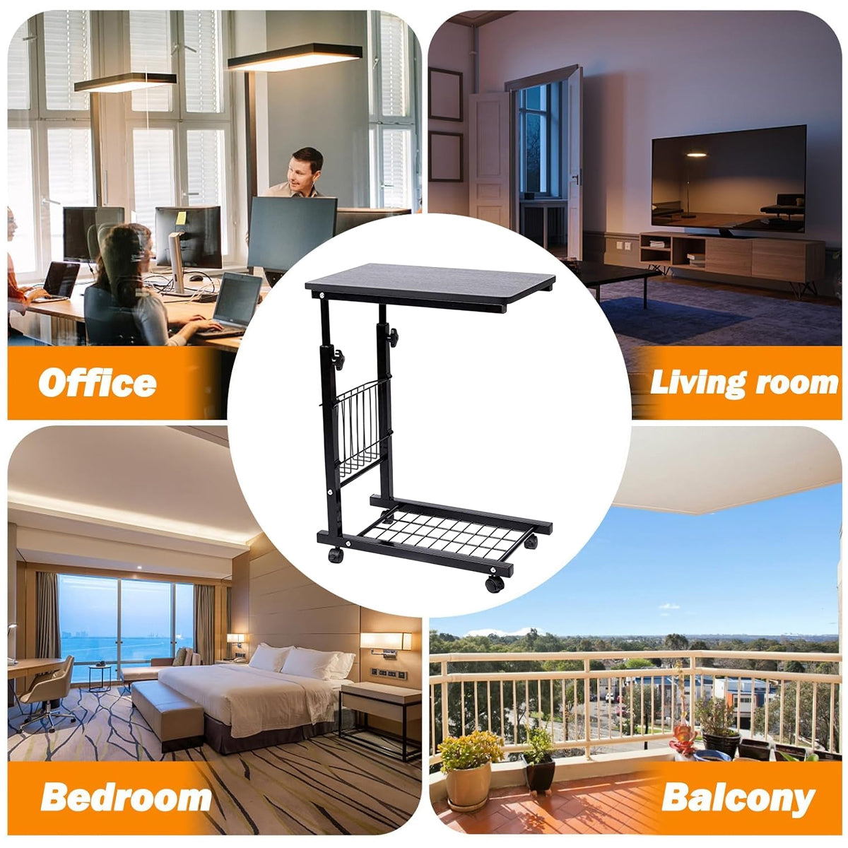 Mobile Adjustable Side Table with Storage Basket and Shelf