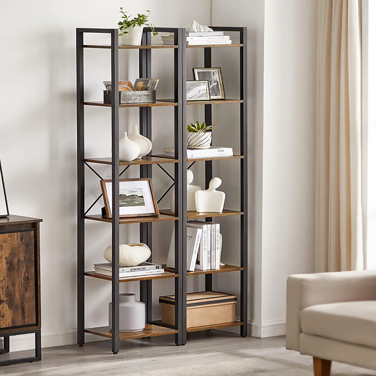6-Tier Corner Bookshelf with Metal Frame Small Rooms