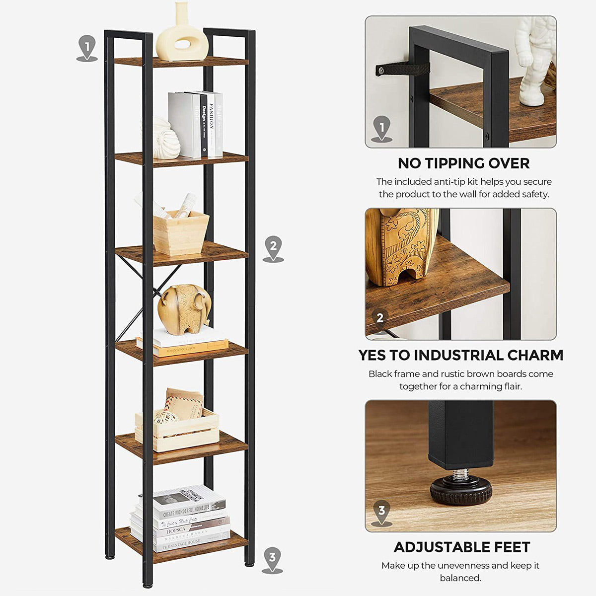6-Tier Corner Bookshelf with Metal Frame Small Rooms