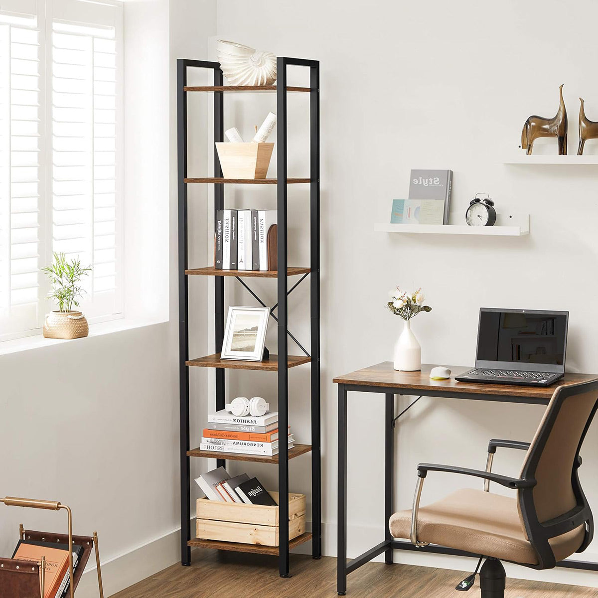 6-Tier Corner Bookshelf with Metal Frame Small Rooms