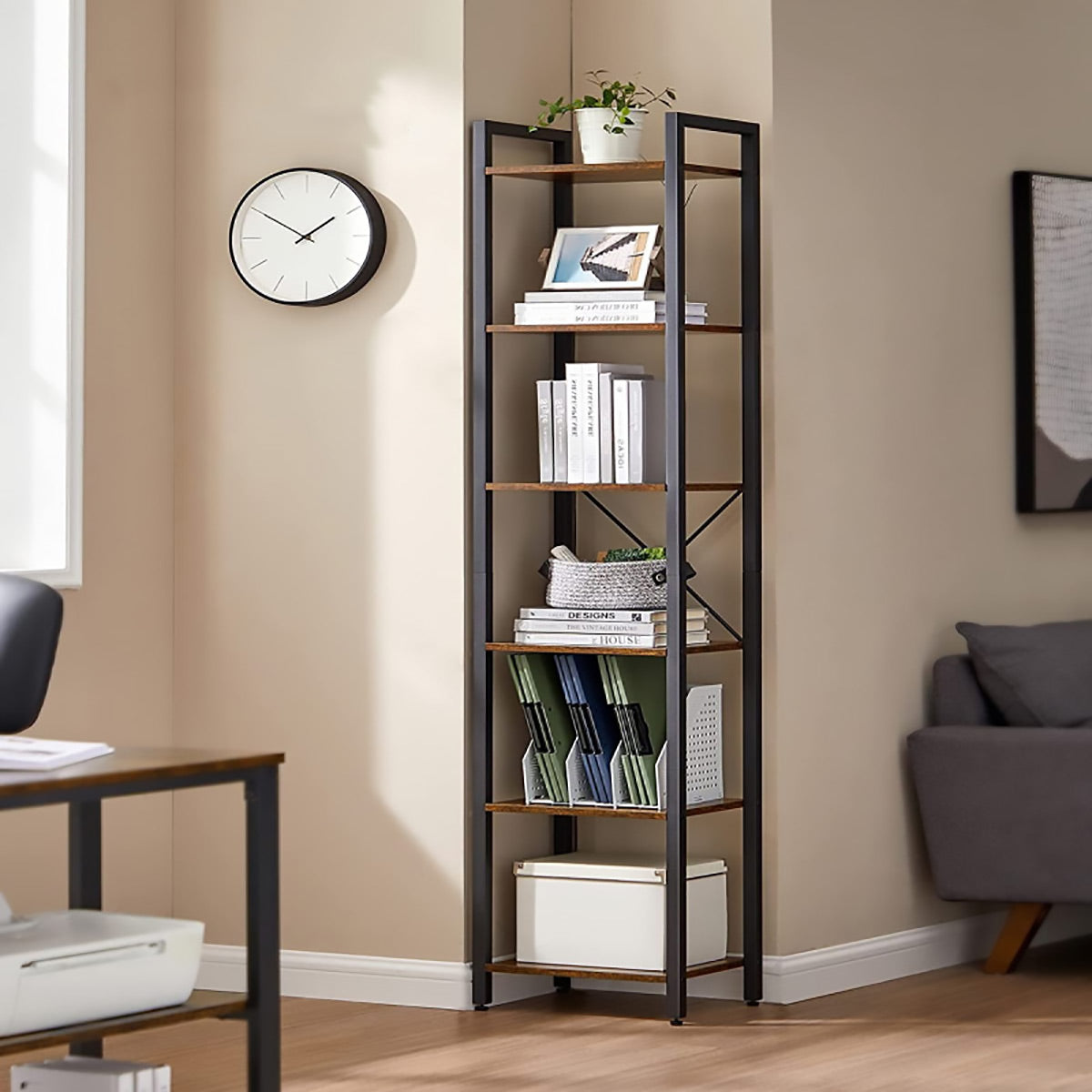6-Tier Corner Bookshelf with Metal Frame Small Rooms