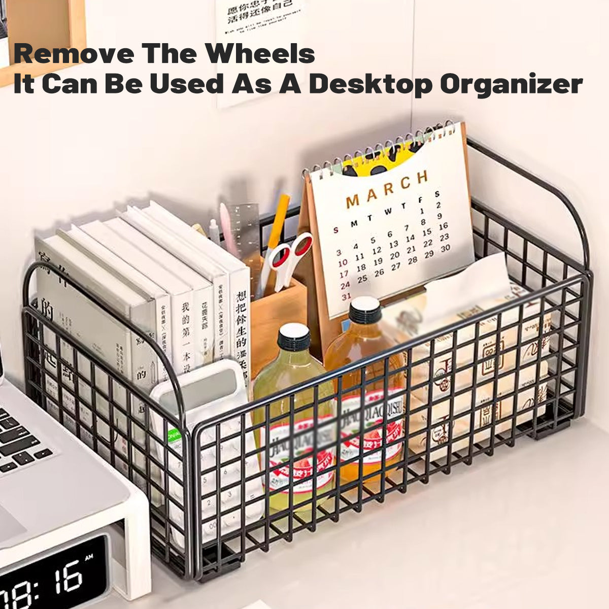 Under-Table Storage Rack with Wheels Metal Mesh Design