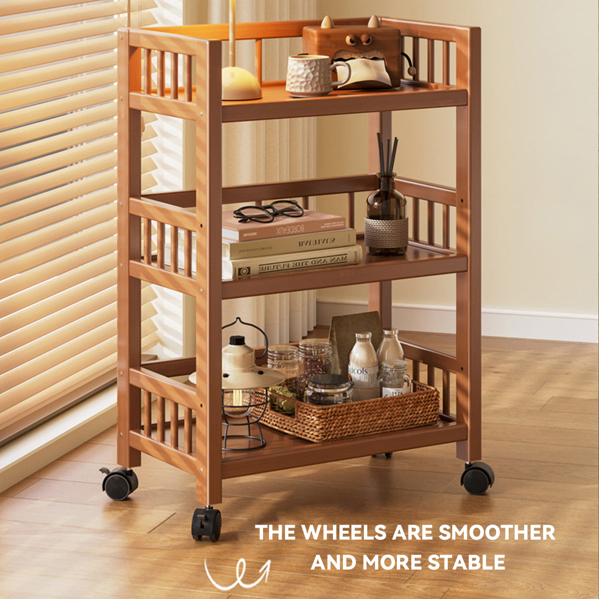 3 Tier Bamboo Movable Storage Rack with Wheels