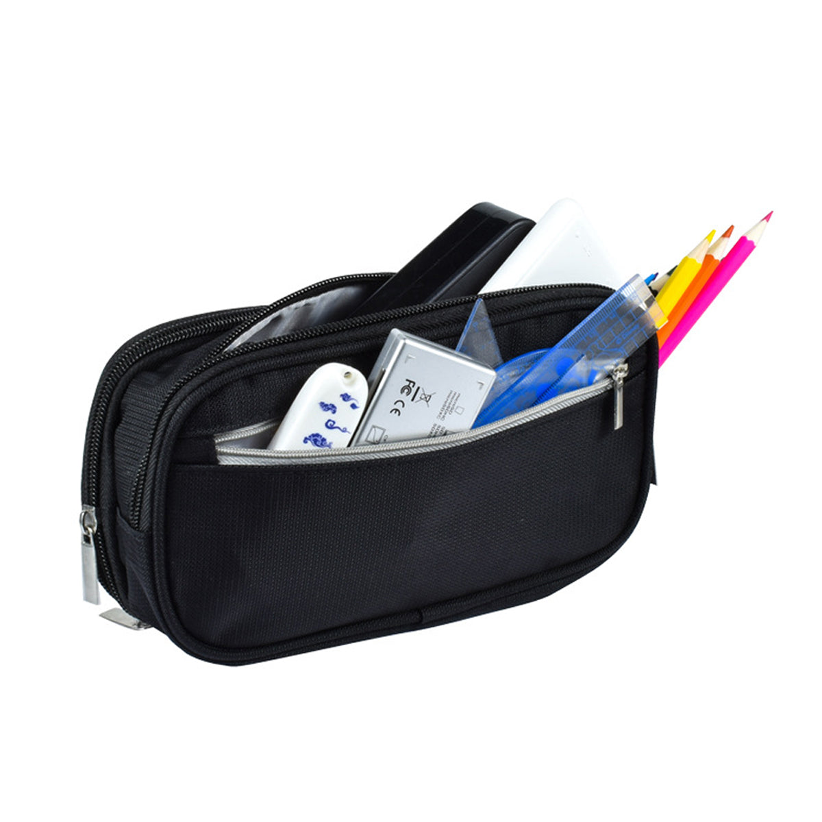 2 Pcs Large Capacity Pencil Case Waterproof 3 Layer Black Grey