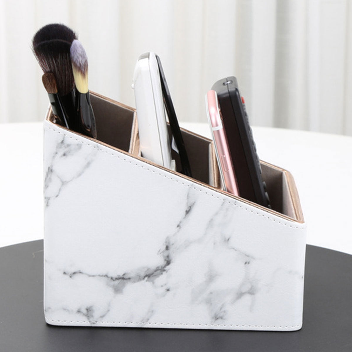 Remote Control Holder Marble PU Leather Gold Trim Organiser