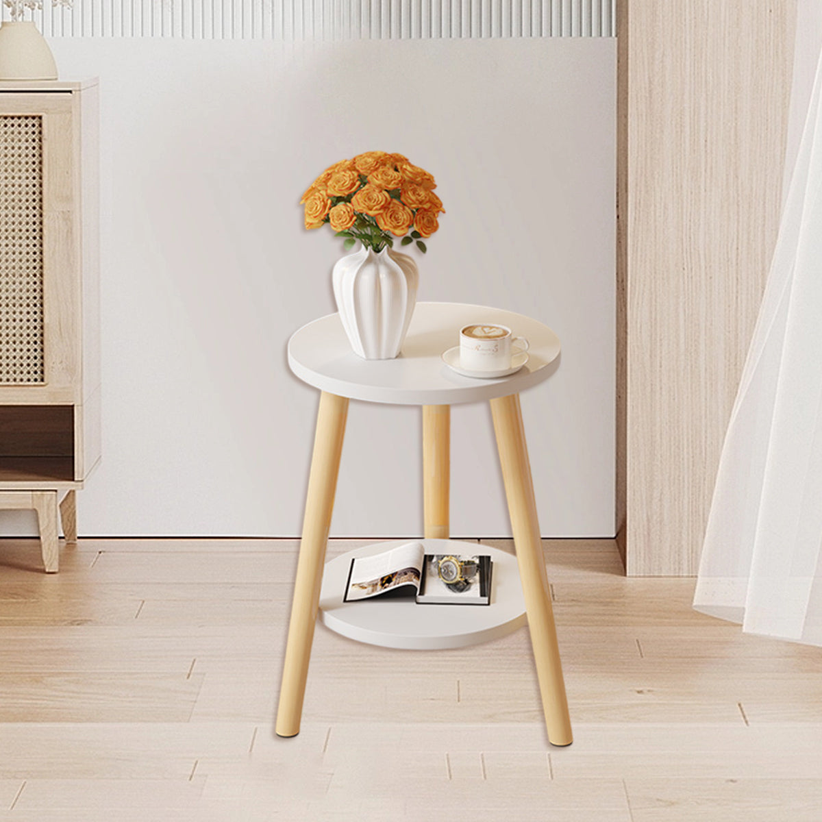 Small Round Coffee Table with 2-Tier Storage for Bedroom and Living Room