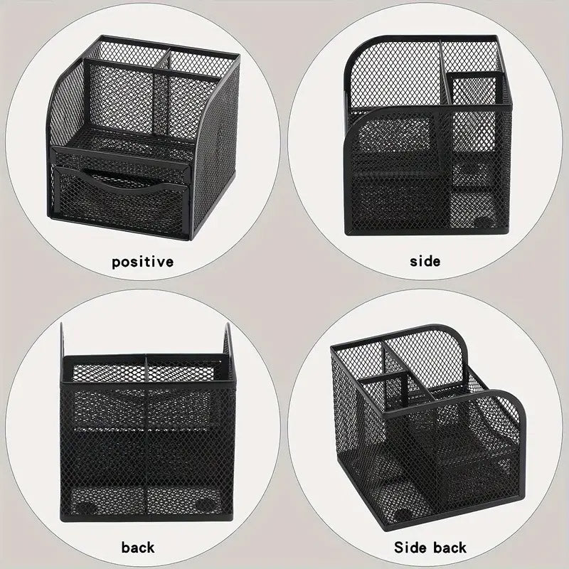 Metal Desktop Organiser Honeycomb Grid with Drawer Black