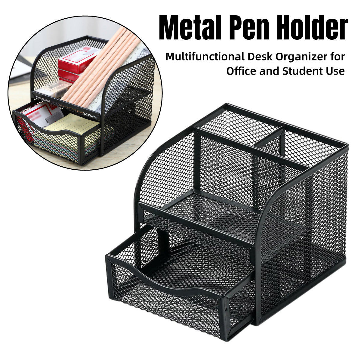 Metal Desktop Organiser Honeycomb Grid with Drawer Black