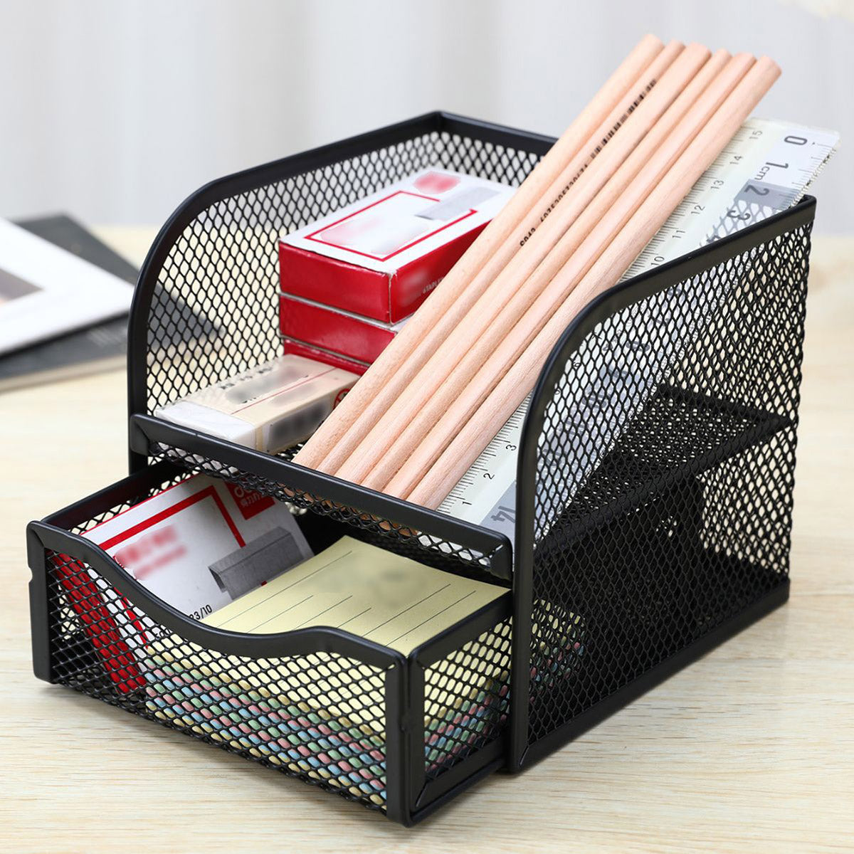 Metal Desktop Organiser Honeycomb Grid with Drawer Black