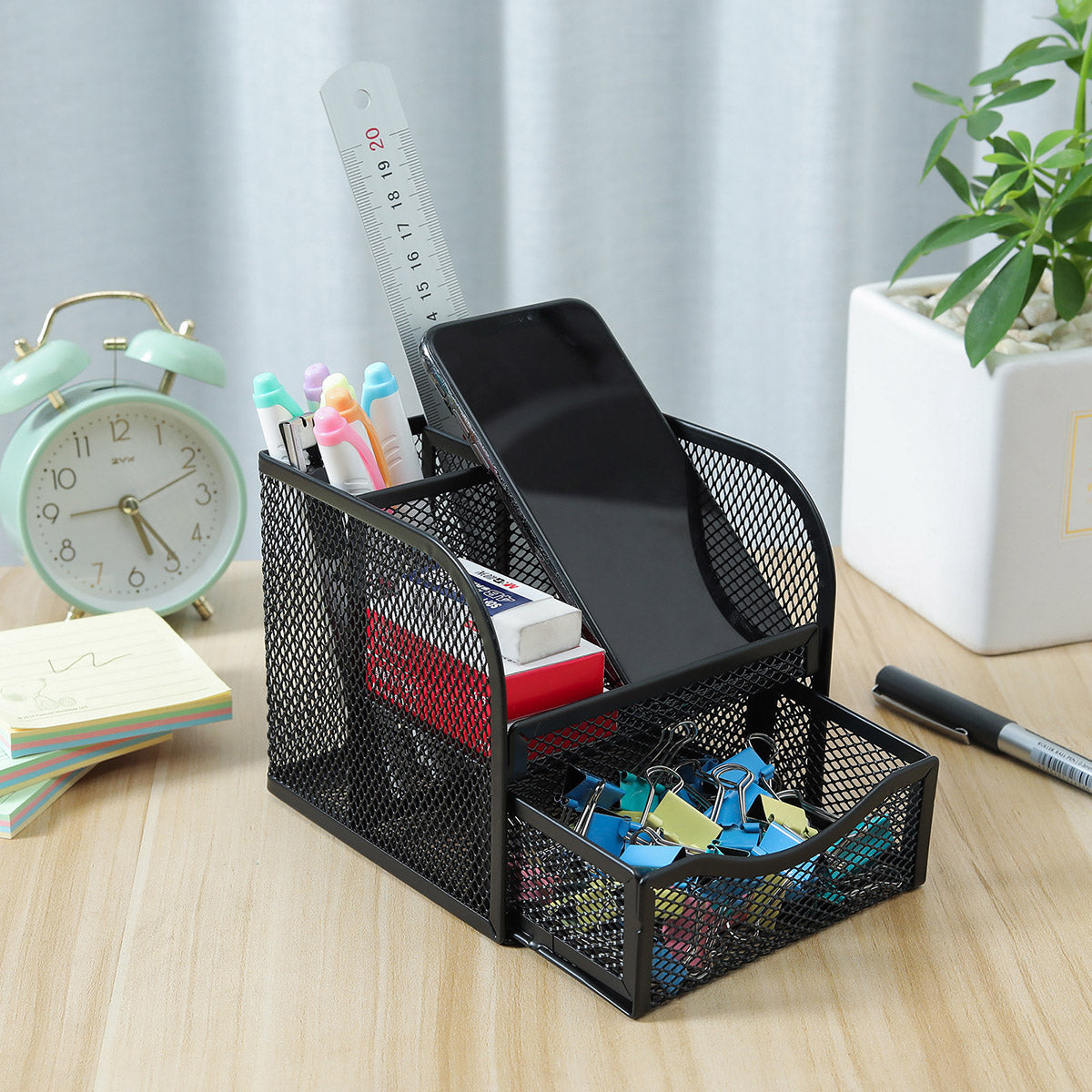 Metal Desktop Organiser Honeycomb Grid with Drawer Black