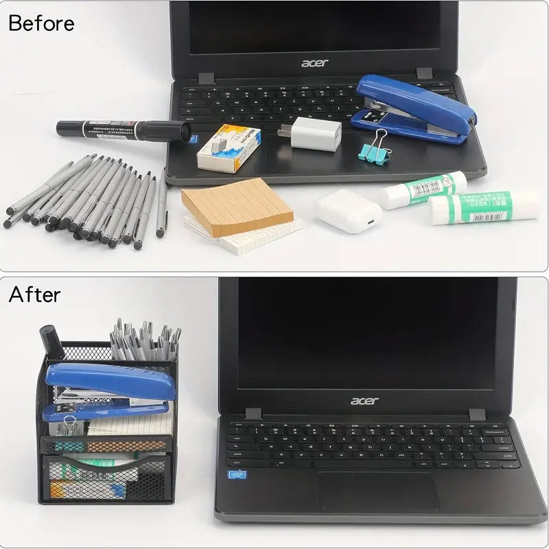 Metal Desktop Organiser Honeycomb Grid with Drawer Black