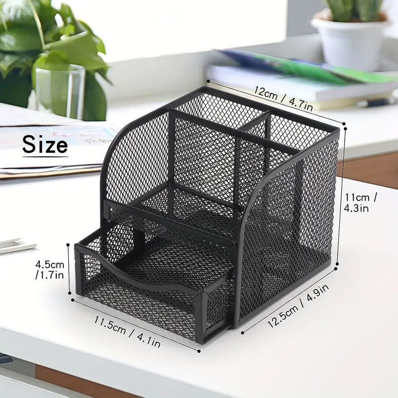 Metal Desktop Organiser Honeycomb Grid with Drawer Black