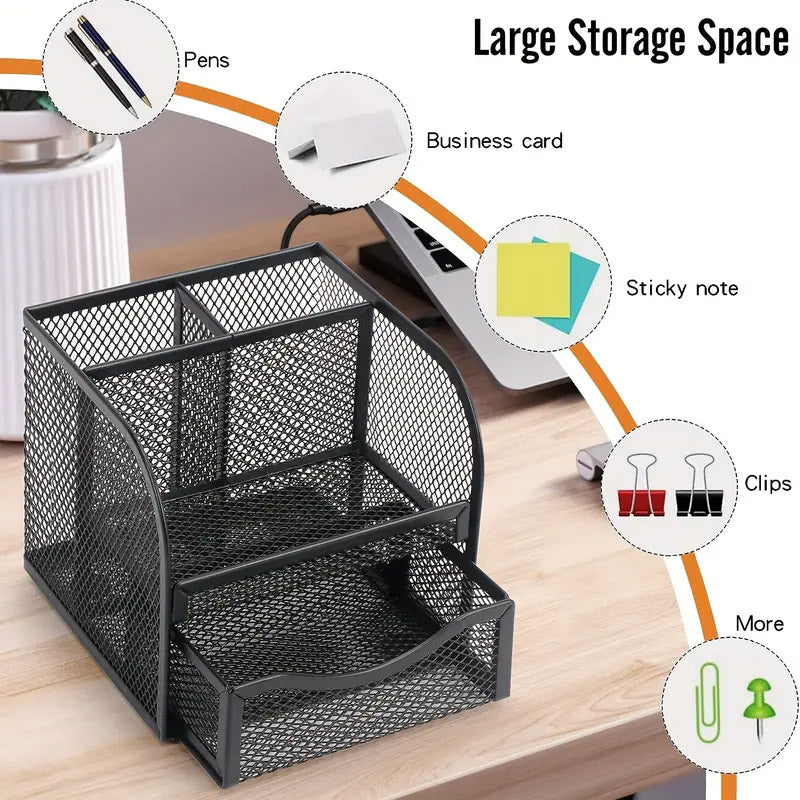 Metal Desktop Organiser Honeycomb Grid with Drawer Black