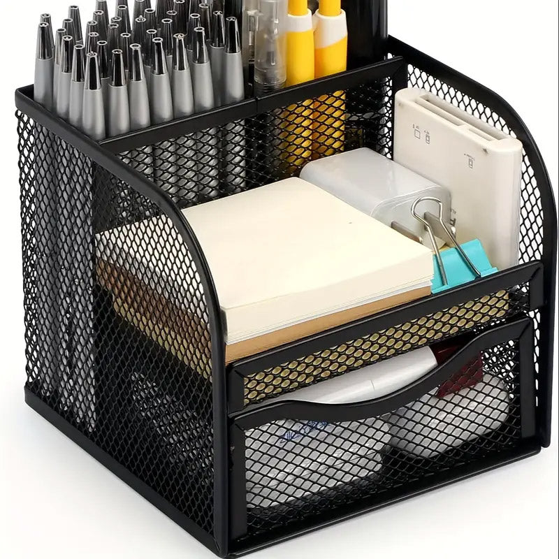 Metal Desktop Organiser Honeycomb Grid with Drawer Black