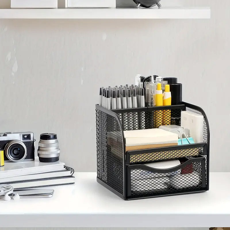 Metal Desktop Organiser Honeycomb Grid with Drawer Black