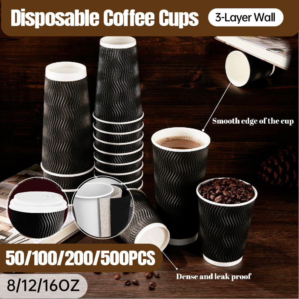 50–500 Pcs Disposable Coffee Cups Triple Wall Black Takeaway