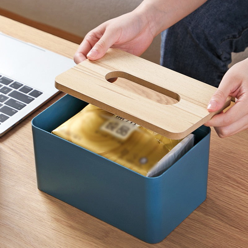 Tissue Box Holder Paper Storage Case with Wooden Cover