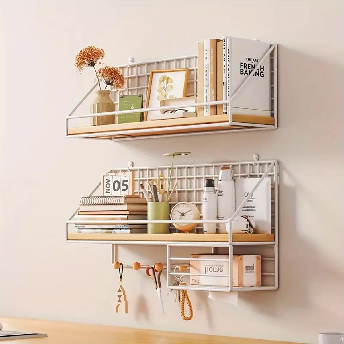 Wall Mounted Iron Storage Rack with Hooks and Tissue Holder