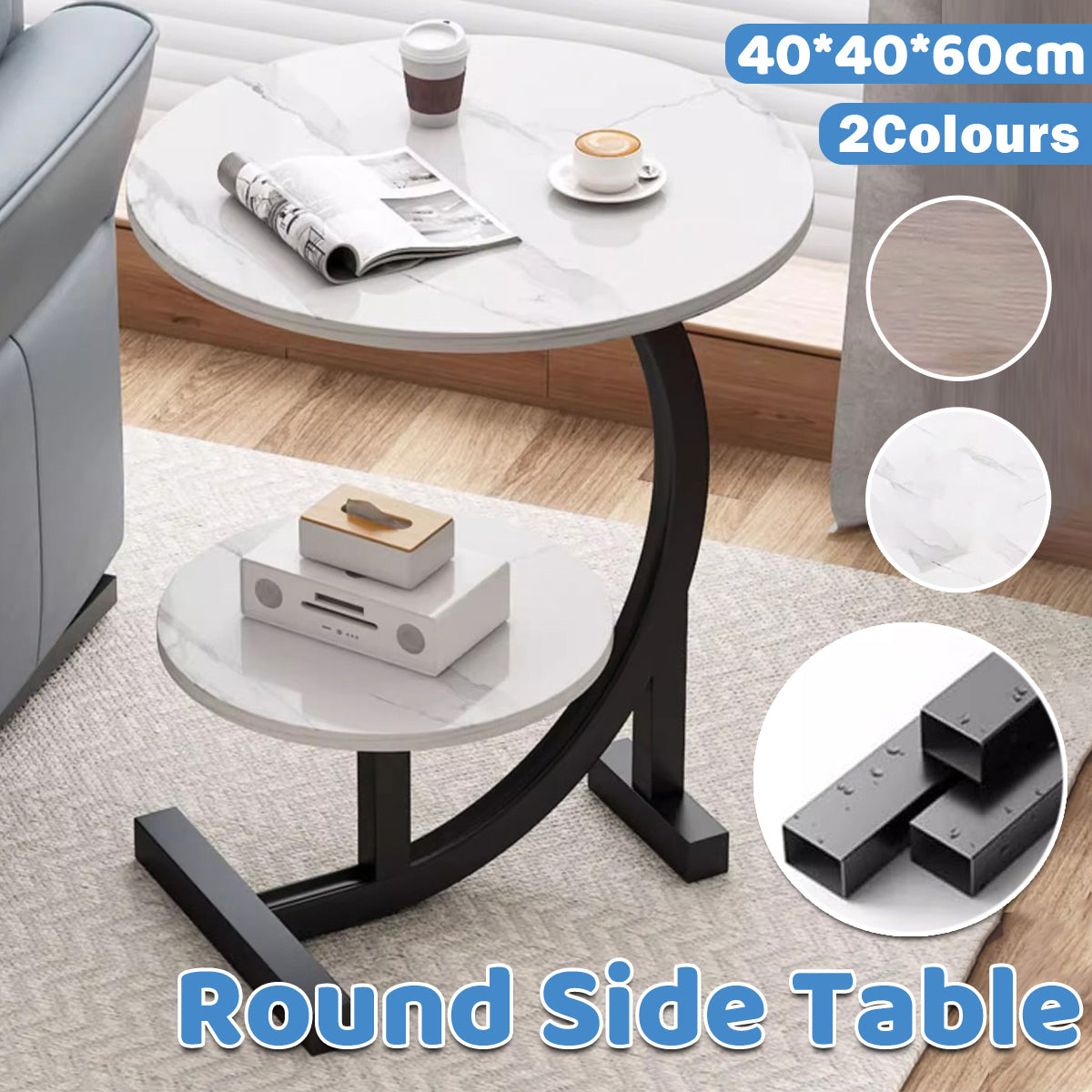 Round Side Table with Shelf Marble Pattern Metal Frame