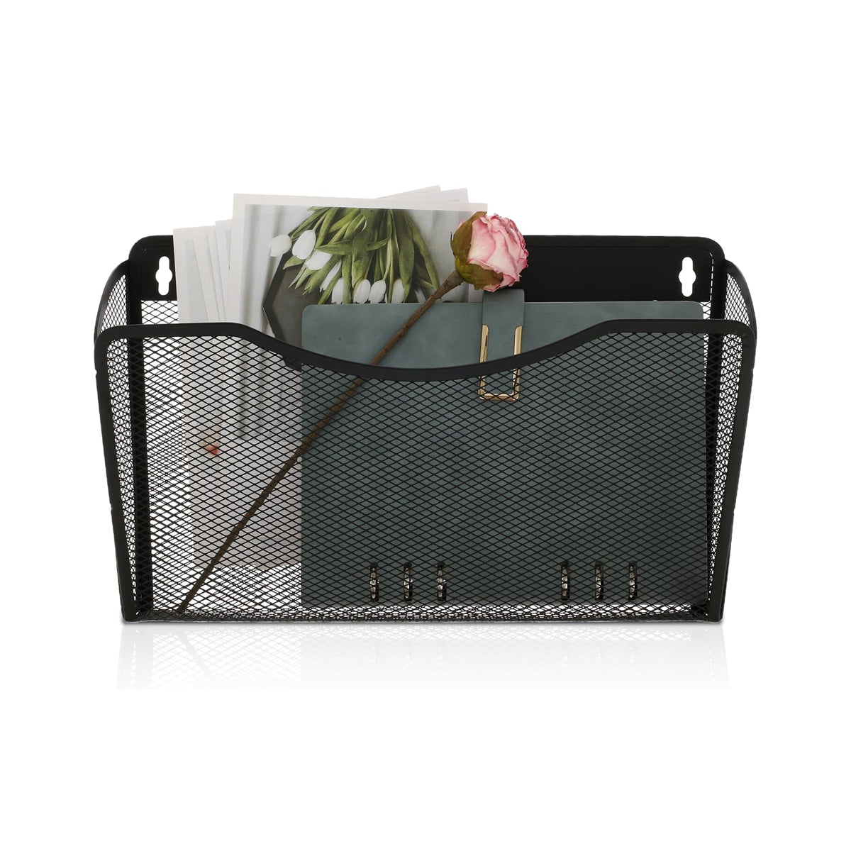 Wall Mounted Mesh File Organizer Rack Black Metal 35×10.5×22cm