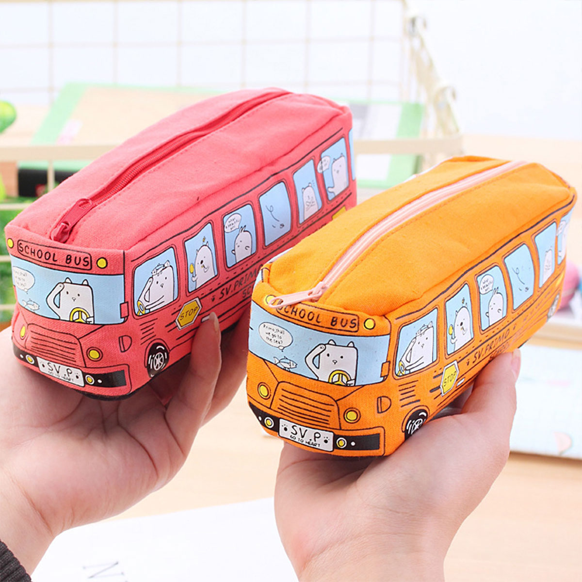 4 Pcs Cartoon Bus Pencil Case Large Capacity Washable Canvas