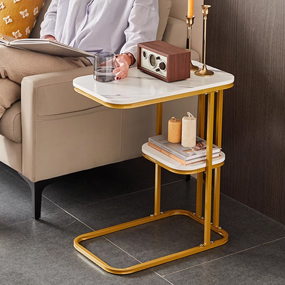 2-Tier Sofa Side Table with Storage Shelf Living Room