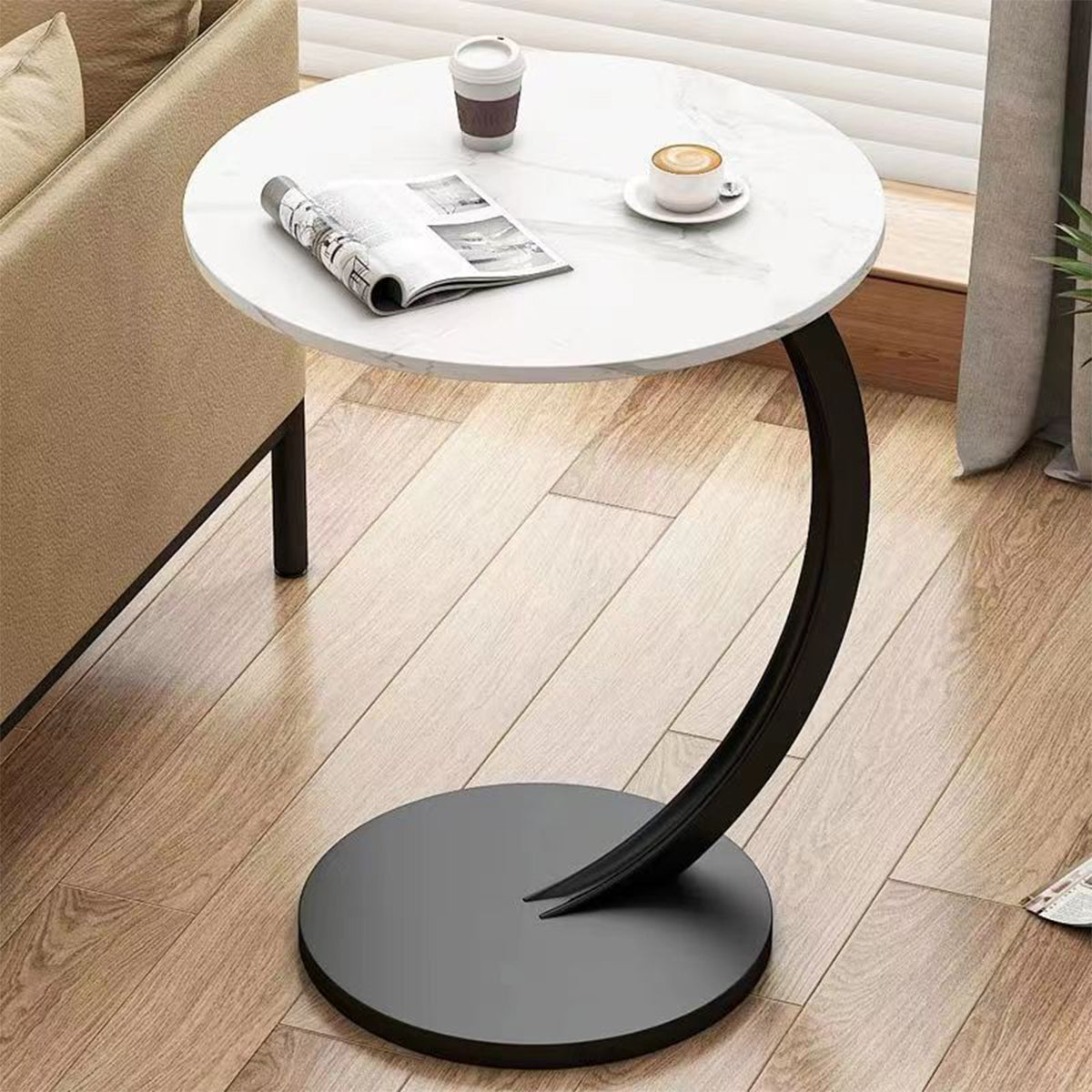 C-Shaped Side Table with Metal Frame for Sofa