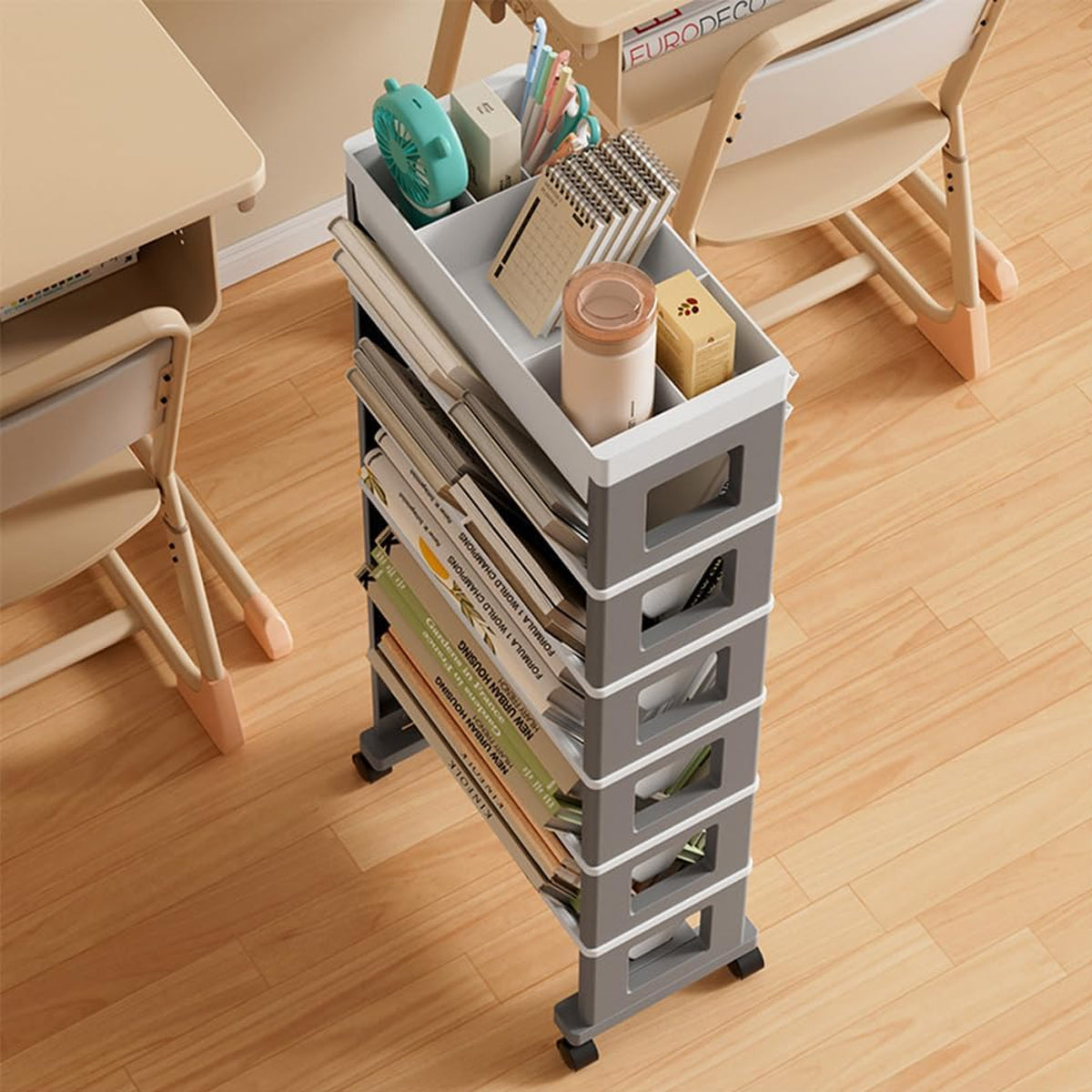 Movable Trolley Book Storage Rack with Four Layers