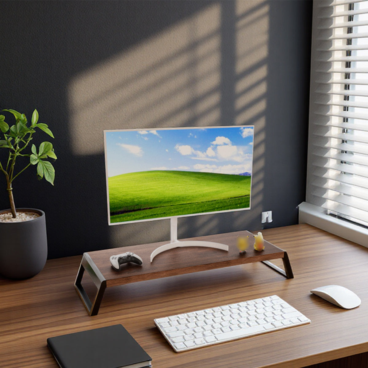 Computer Monitor Riser with Hidden Storage Wood Top Metal