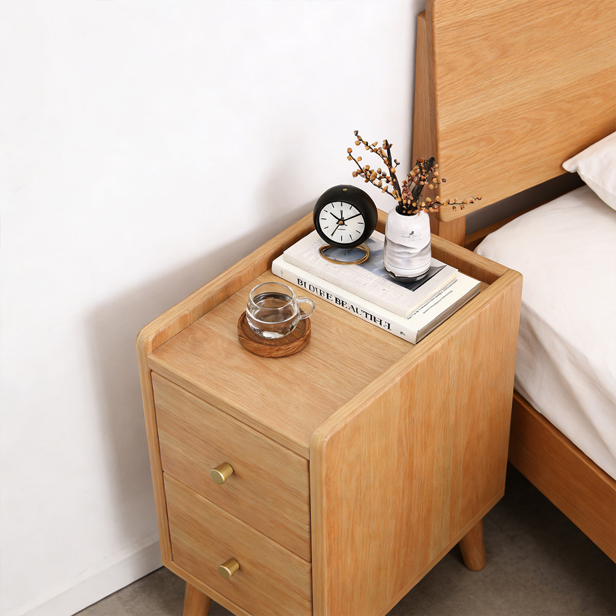 Narrow Wooden Bedside Table with 2 Drawers