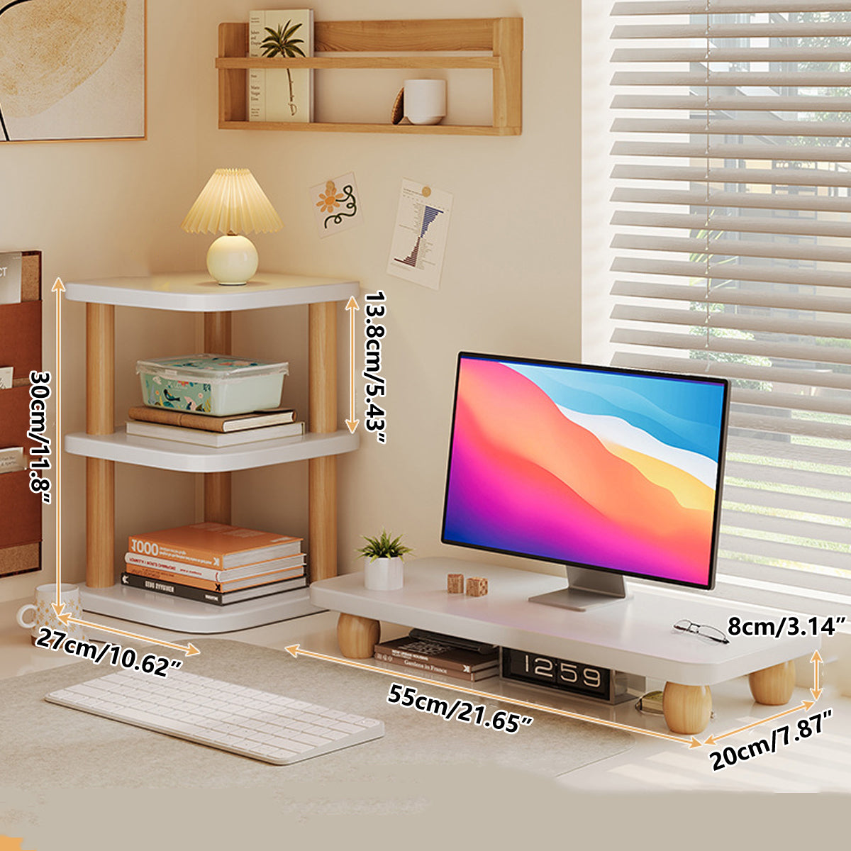 2 Pcs Monitor Riser and Desktop Storage Shelf MDF Beech Wood