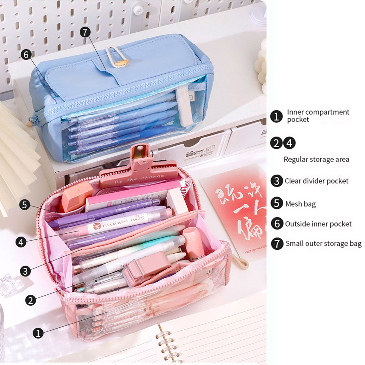 Japanese Style Stationery Bag Large Capacity with Clear Pocket
