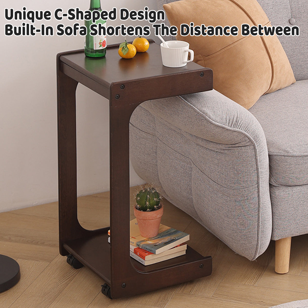 Solid Wood Rolling Coffee Table with Wheels 2-Tier Design