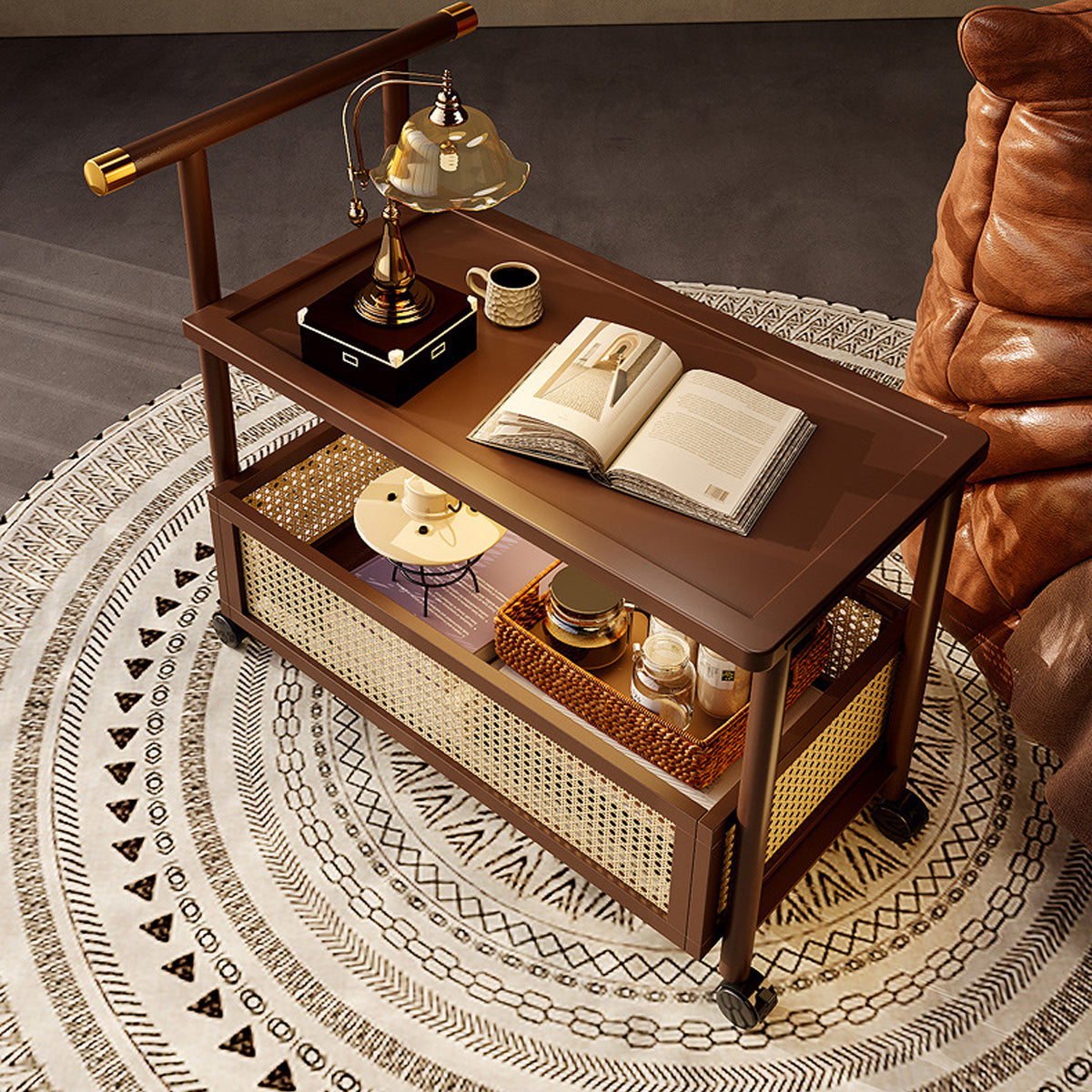 Bamboo Mobile Coffee Table with Wheels and Storage Shelf