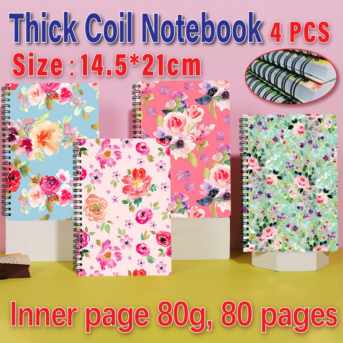 4 Pcs Loose-Leaf Notebooks Vintage Floral Thick Paper