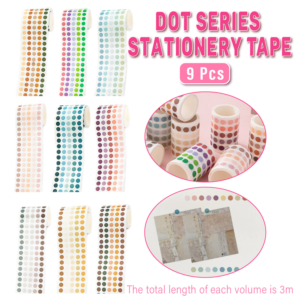 9 Pcs Washi Tape Set Dot Gradient Stickers for Scrapbooking and Journaling