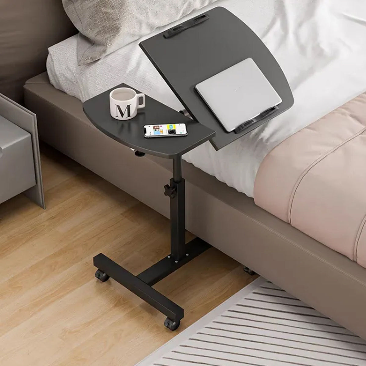 Mobile Height Adjustable Rotatable Bedside Table with Wheels