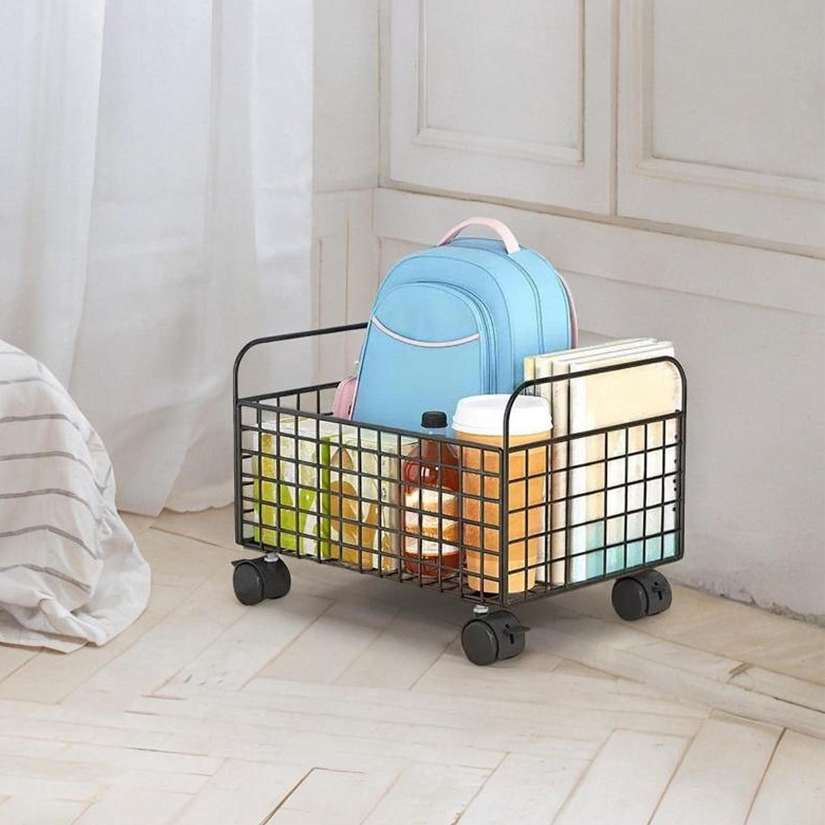 Under-Table Storage Rack with Wheels Metal Mesh Design