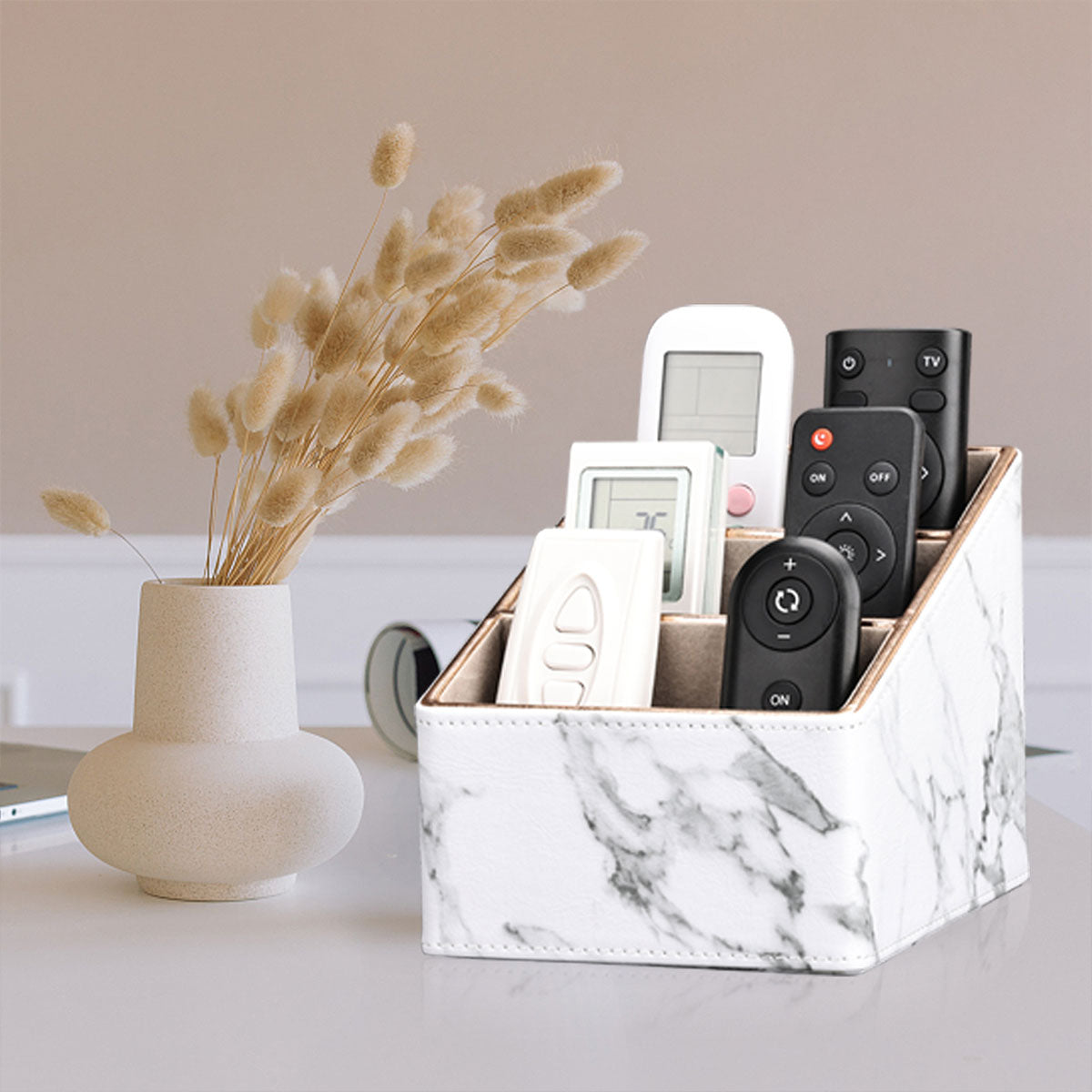Remote Control Holder Marble PU Leather Gold Trim Organiser