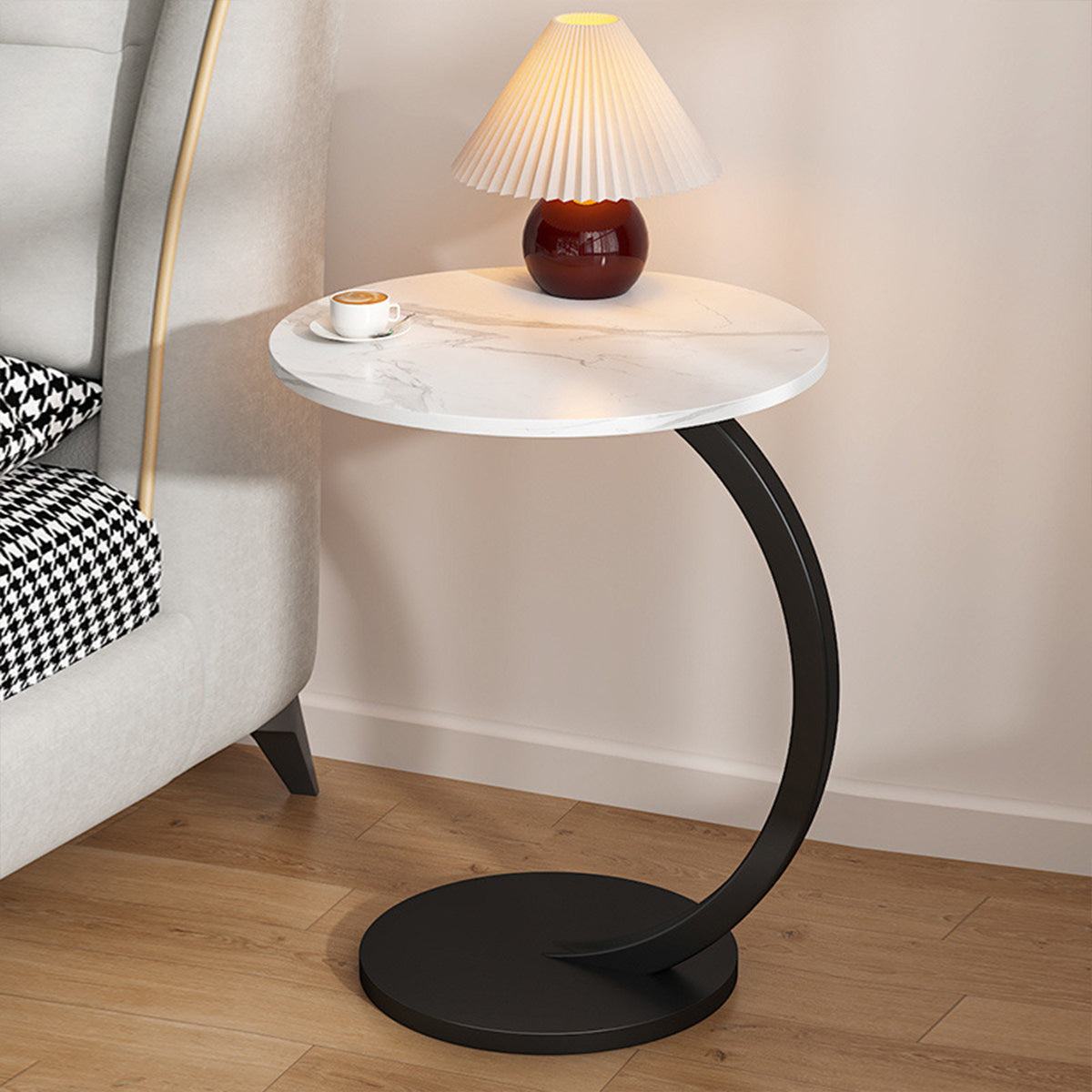 C-Shaped Side Table with Metal Frame for Sofa