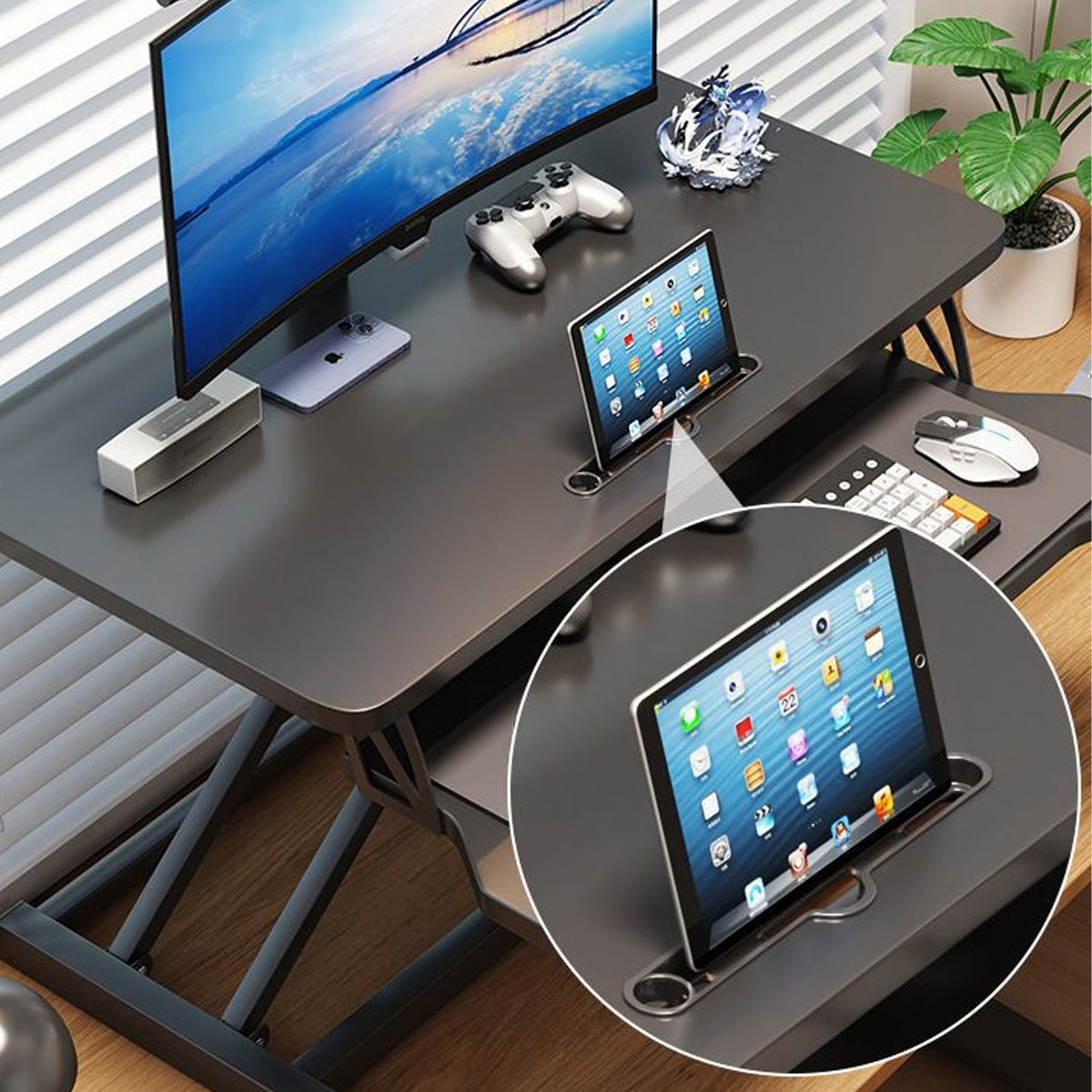 Adjustable Desktop Elevator Stand with Pneumatic Lift Black