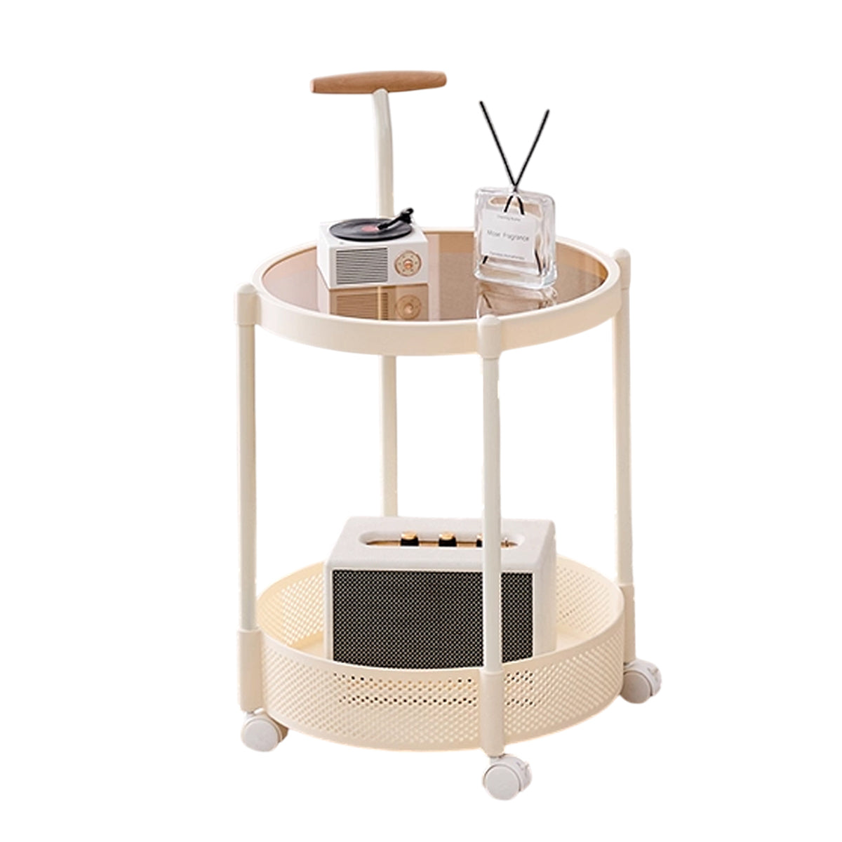 Movable Side Table with Rolling Caster Wheels 2 Tier Design