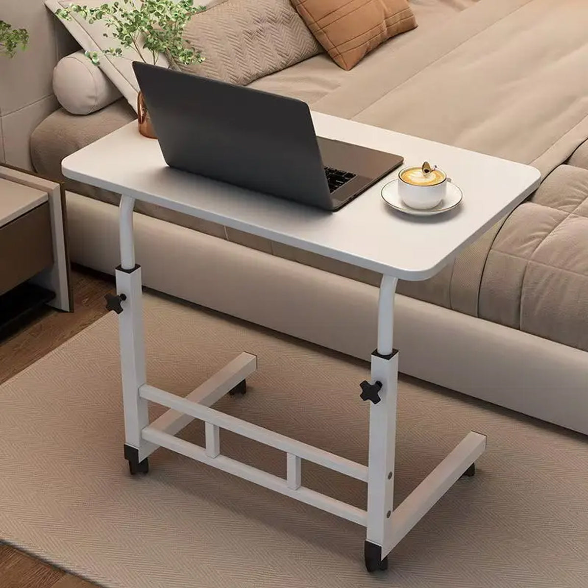 Movable Bedside Table Desk with Adjustable Height White
