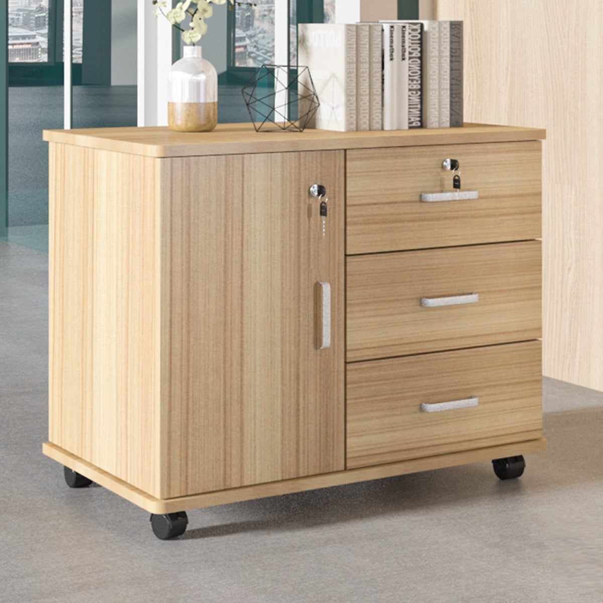 Movable Filing Cabinet with Wheels Locking Doors and Drawers