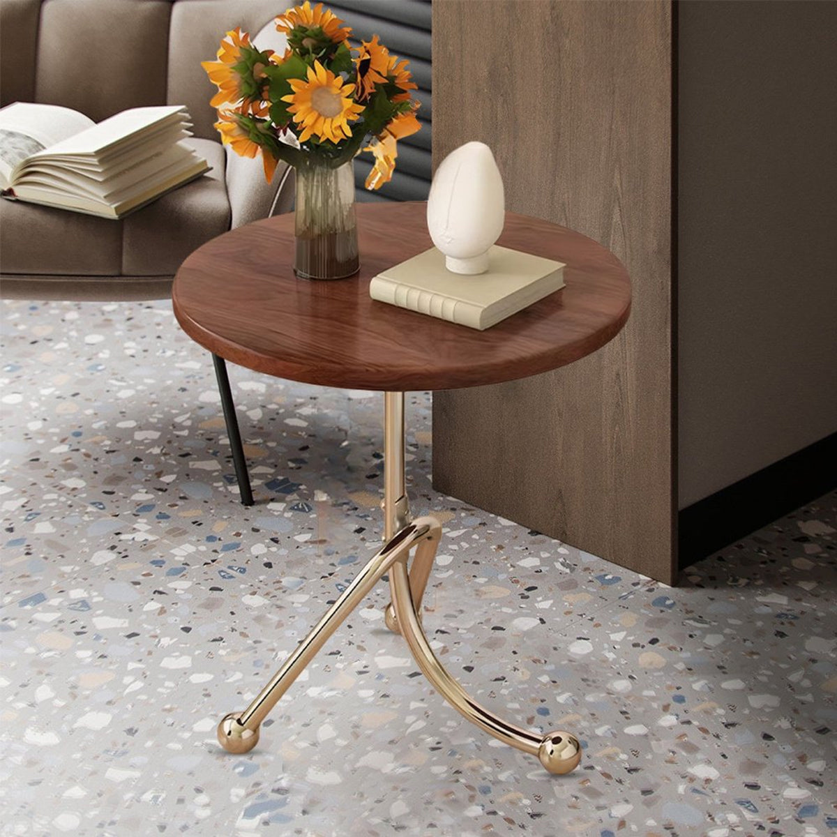 Vintage Round Side Table with Wooden Top for Living Room