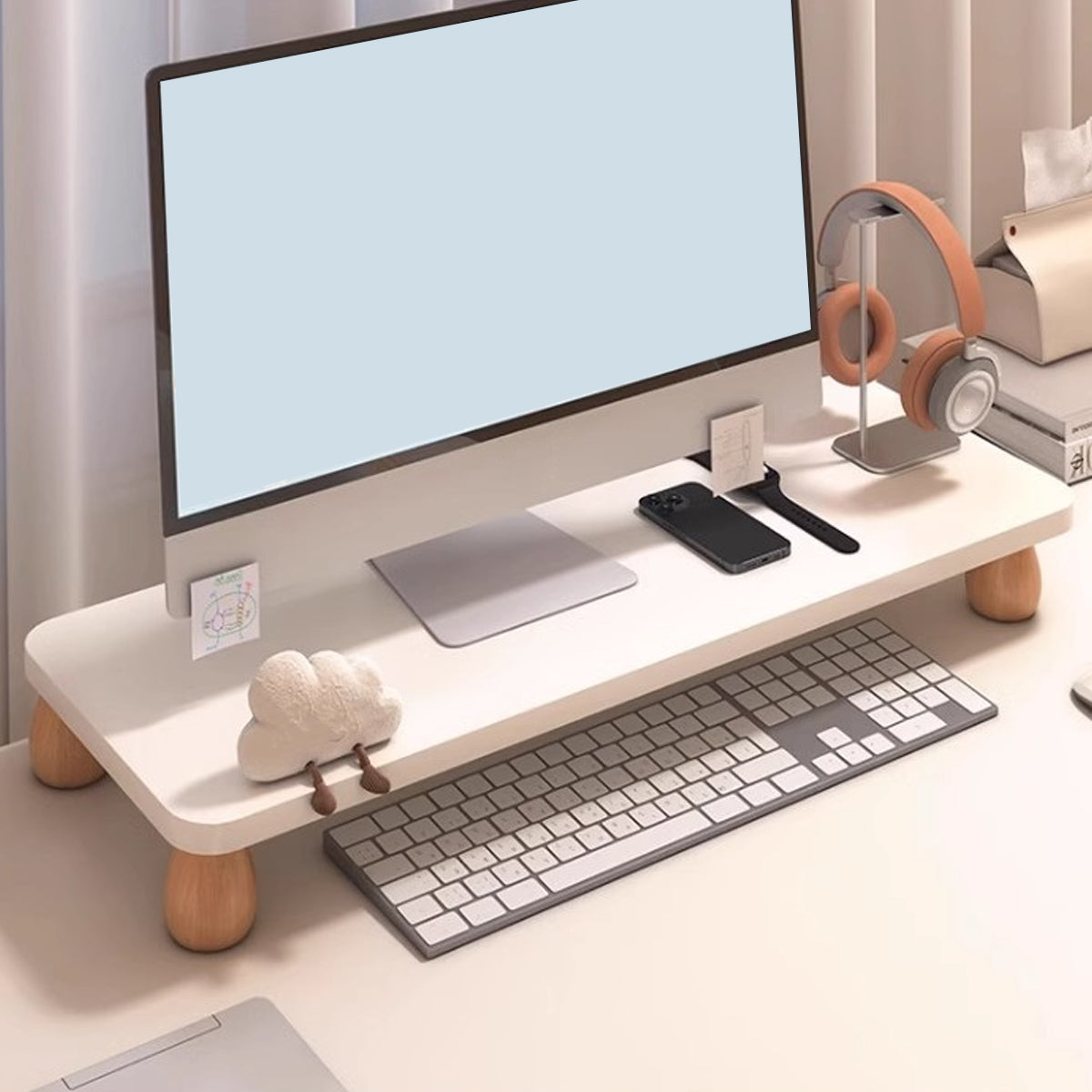 2 Pcs Monitor Riser and Desktop Storage Shelf MDF Beech Wood