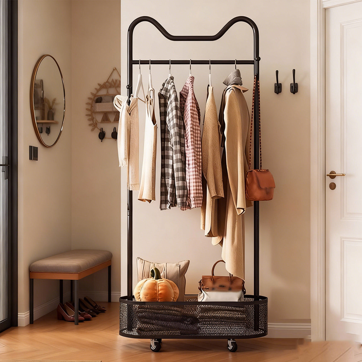 Moveable Clothes Rack with Wheels Basket and Hooks